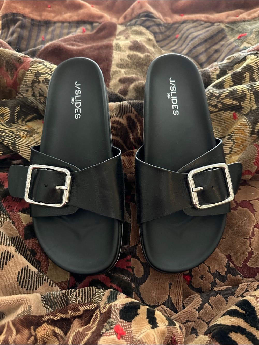 J/SLIDES Black Slide Sandals with Silver Buckles, NWOT